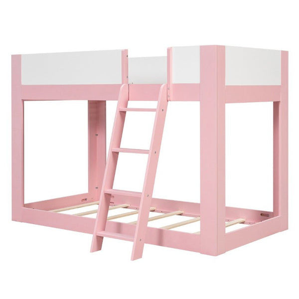 English Elm Twin Low Bunk Bed Solid Wood Frame with Guardrails Reversible Ladder Modern Kids Room Pink LT000445AAH