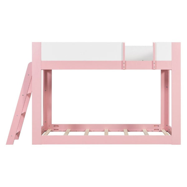English Elm Twin Low Bunk Bed Solid Wood Frame with Guardrails Reversible Ladder Modern Kids Room Pink LT000445AAH