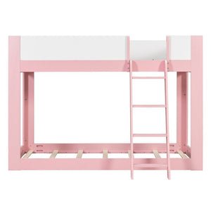 English Elm Twin Low Bunk Bed Solid Wood Frame with Guardrails Reversible Ladder Modern Kids Room Pink LT000445AAH