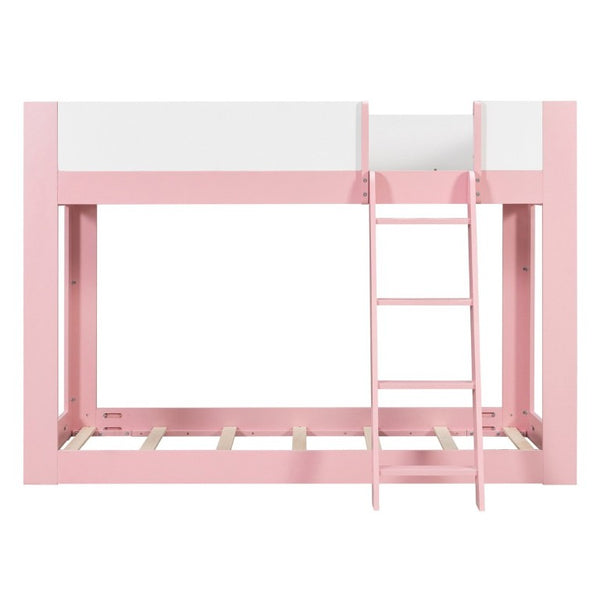 English Elm Twin Low Bunk Bed Solid Wood Frame with Guardrails Reversible Ladder Modern Kids Room Pink LT000445AAH
