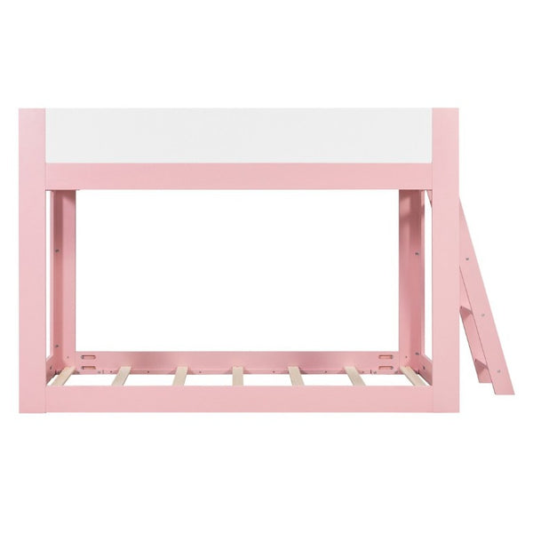English Elm Twin Low Bunk Bed Solid Wood Frame with Guardrails Reversible Ladder Modern Kids Room Pink LT000445AAH
