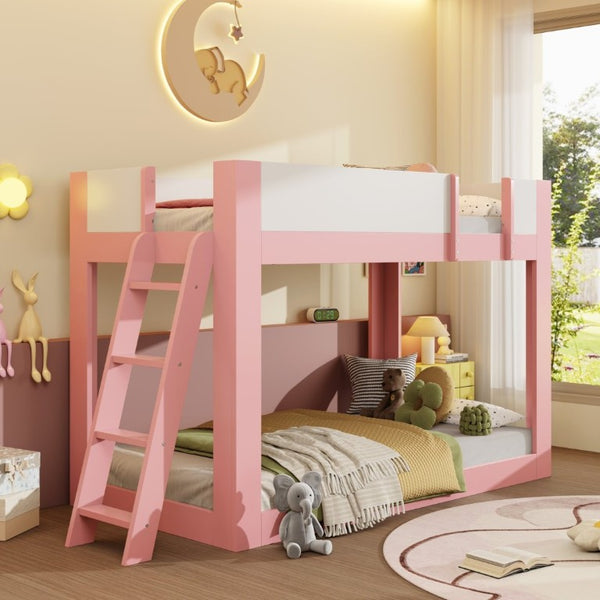 English Elm Twin Low Bunk Bed Solid Wood Frame with Guardrails Reversible Ladder Modern Kids Room Pink LT000445AAH