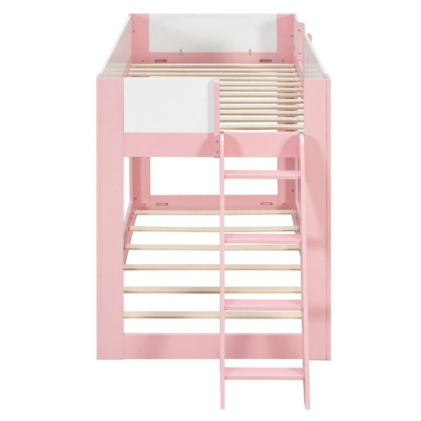 English Elm Twin Low Bunk Bed Solid Wood Frame with Guardrails Reversible Ladder Modern Kids Room Pink LT000445AAH