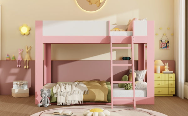 English Elm Twin Low Bunk Bed Solid Wood Frame with Guardrails Reversible Ladder Modern Kids Room Pink LT000445AAH