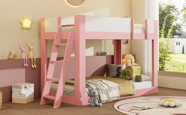 English Elm Twin Low Bunk Bed Solid Wood Frame with Guardrails Reversible Ladder Modern Kids Room Pink LT000445AAH