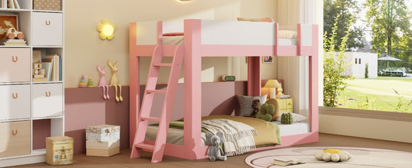 English Elm Twin Low Bunk Bed Solid Wood Frame with Guardrails Reversible Ladder Modern Kids Room Pink LT000445AAH