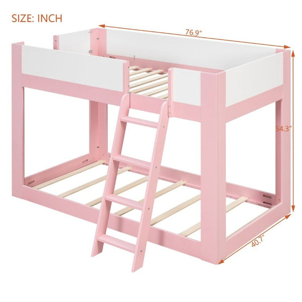 English Elm Twin Low Bunk Bed Solid Wood Frame with Guardrails Reversible Ladder Modern Kids Room Pink LT000445AAH