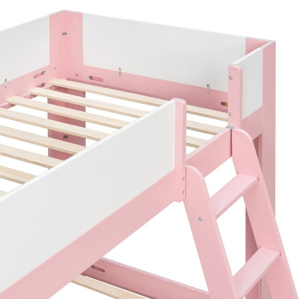 English Elm Twin Low Bunk Bed Solid Wood Frame with Guardrails Reversible Ladder Modern Kids Room Pink LT000445AAH