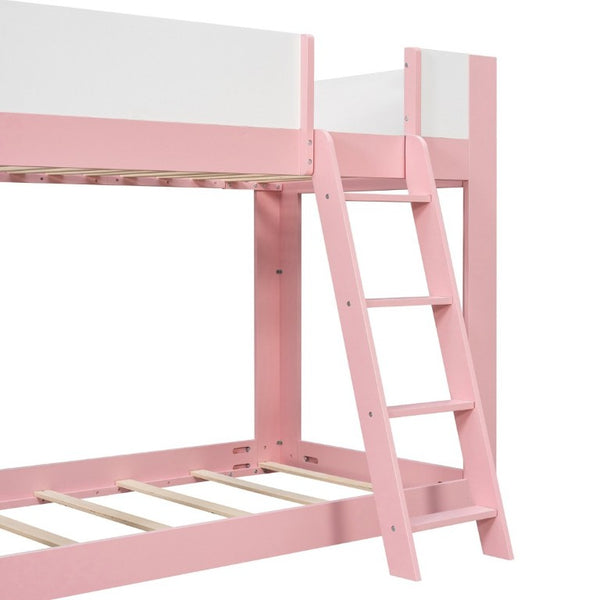 English Elm Twin Low Bunk Bed Solid Wood Frame with Guardrails Reversible Ladder Modern Kids Room Pink LT000445AAH