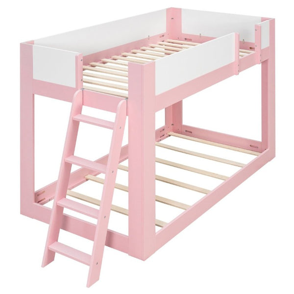 English Elm Twin Low Bunk Bed Solid Wood Frame with Guardrails Reversible Ladder Modern Kids Room Pink LT000445AAH