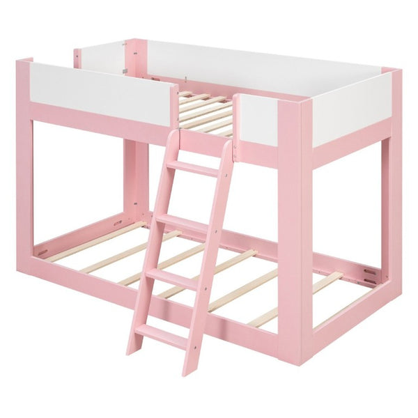 English Elm Twin Low Bunk Bed Solid Wood Frame with Guardrails Reversible Ladder Modern Kids Room Pink LT000445AAH