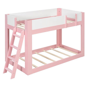 English Elm Twin Low Bunk Bed Solid Wood Frame with Guardrails Reversible Ladder Modern Kids Room Pink LT000445AAH