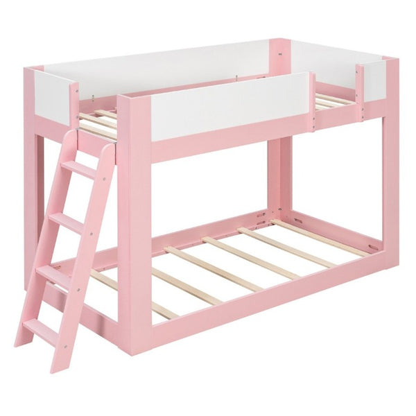 English Elm Twin Low Bunk Bed Solid Wood Frame with Guardrails Reversible Ladder Modern Kids Room Pink LT000445AAH