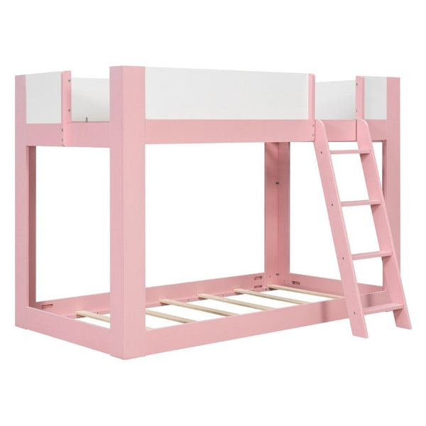 English Elm Twin Low Bunk Bed Solid Wood Frame with Guardrails Reversible Ladder Modern Kids Room Pink LT000445AAH