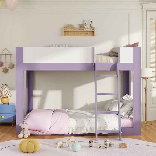 English Elm Twin Low Bunk Bed Solid Wood Frame with Guardrails Reversible Ladder Modern Kids Room Purple LT000445AAI