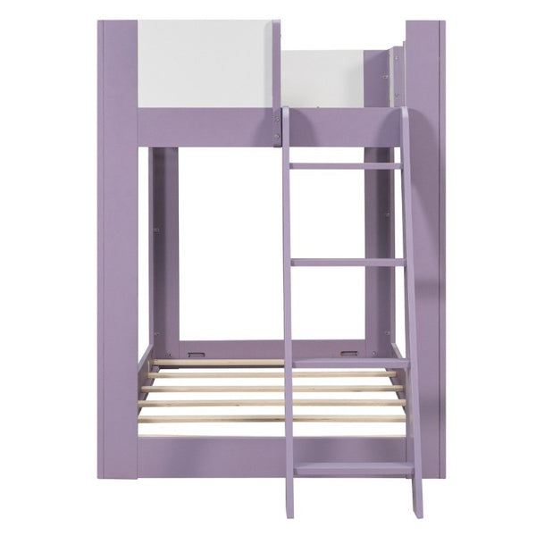 English Elm Twin Low Bunk Bed Solid Wood Frame with Guardrails Reversible Ladder Modern Kids Room Purple LT000445AAI