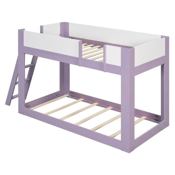 English Elm Twin Low Bunk Bed Solid Wood Frame with Guardrails Reversible Ladder Modern Kids Room Purple LT000445AAI