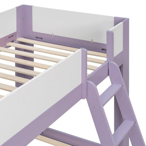 English Elm Twin Low Bunk Bed Solid Wood Frame with Guardrails Reversible Ladder Modern Kids Room Purple LT000445AAI