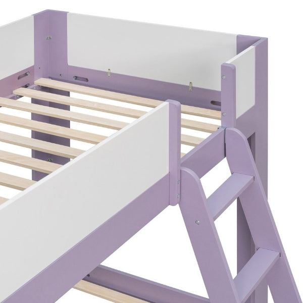 English Elm Twin Low Bunk Bed Solid Wood Frame with Guardrails Reversible Ladder Modern Kids Room Purple LT000445AAI