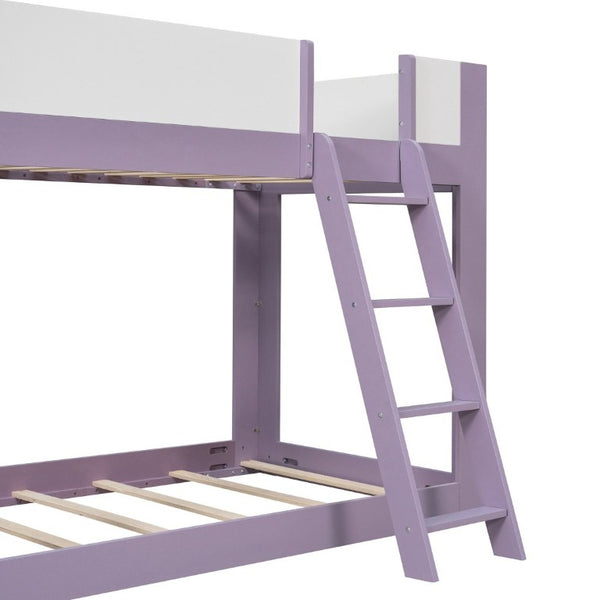 English Elm Twin Low Bunk Bed Solid Wood Frame with Guardrails Reversible Ladder Modern Kids Room Purple LT000445AAI