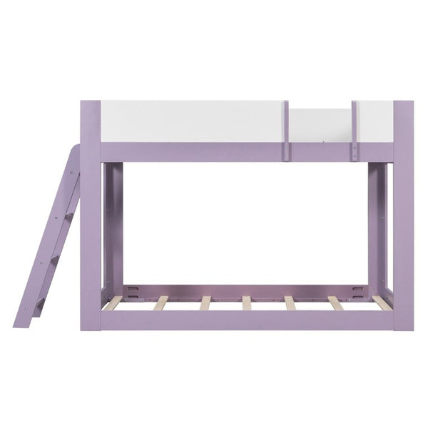 English Elm Twin Low Bunk Bed Solid Wood Frame with Guardrails Reversible Ladder Modern Kids Room Purple LT000445AAI