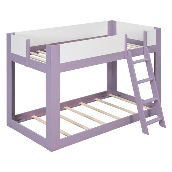 English Elm Twin Low Bunk Bed Solid Wood Frame with Guardrails Reversible Ladder Modern Kids Room Purple LT000445AAI