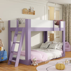 English Elm Twin Low Bunk Bed Solid Wood Frame with Guardrails Reversible Ladder Modern Kids Room Purple LT000445AAI