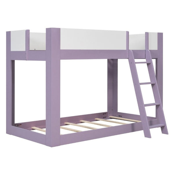 English Elm Twin Low Bunk Bed Solid Wood Frame with Guardrails Reversible Ladder Modern Kids Room Purple LT000445AAI