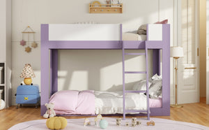 English Elm Twin Low Bunk Bed Solid Wood Frame with Guardrails Reversible Ladder Modern Kids Room Purple LT000445AAI