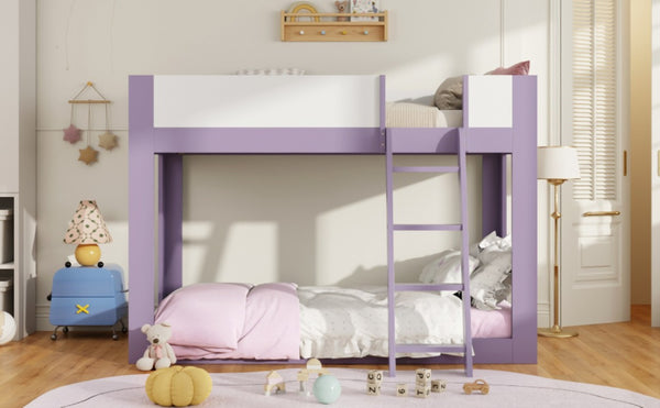 English Elm Twin Low Bunk Bed Solid Wood Frame with Guardrails Reversible Ladder Modern Kids Room Purple LT000445AAI