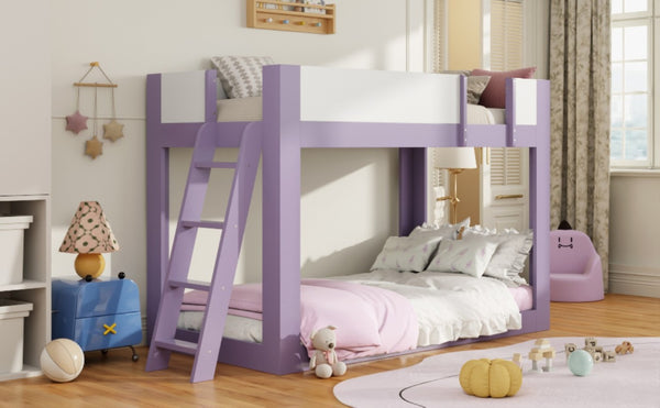 English Elm Twin Low Bunk Bed Solid Wood Frame with Guardrails Reversible Ladder Modern Kids Room Purple LT000445AAI