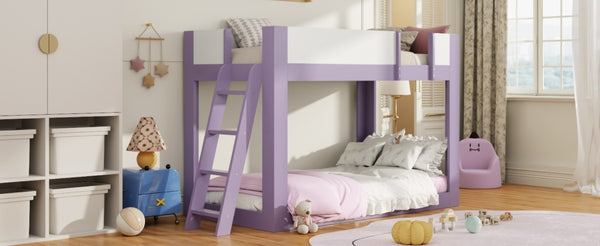 English Elm Twin Low Bunk Bed Solid Wood Frame with Guardrails Reversible Ladder Modern Kids Room Purple LT000445AAI