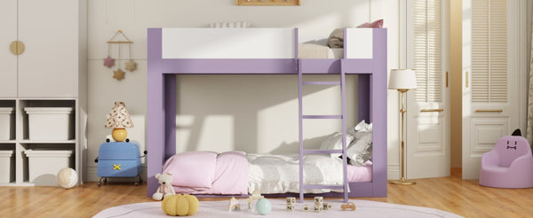 English Elm Twin Low Bunk Bed Solid Wood Frame with Guardrails Reversible Ladder Modern Kids Room Purple LT000445AAI