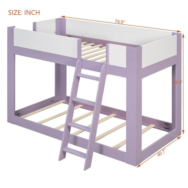 English Elm Twin Low Bunk Bed Solid Wood Frame with Guardrails Reversible Ladder Modern Kids Room Purple LT000445AAI