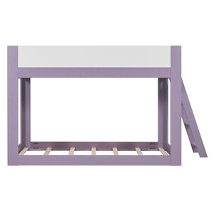 English Elm Twin Low Bunk Bed Solid Wood Frame with Guardrails Reversible Ladder Modern Kids Room Purple LT000445AAI