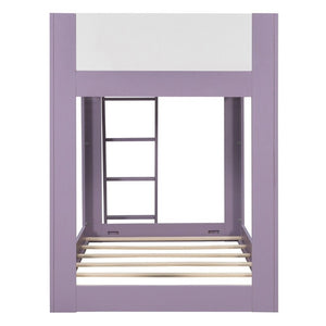 English Elm Twin Low Bunk Bed Solid Wood Frame with Guardrails Reversible Ladder Modern Kids Room Purple LT000445AAI