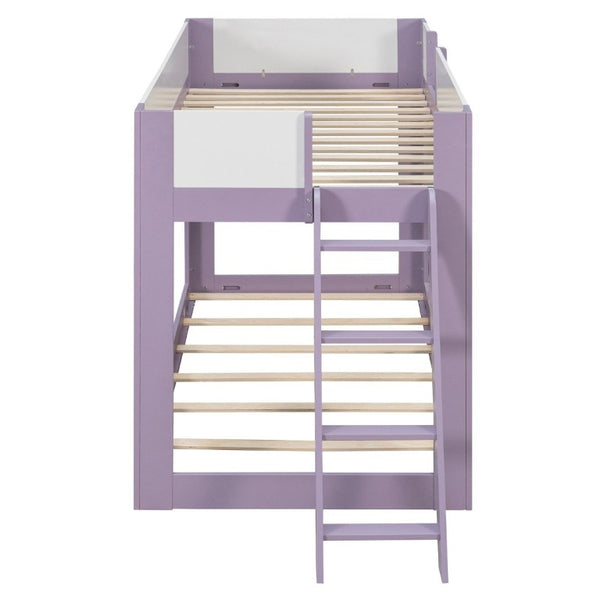 English Elm Twin Low Bunk Bed Solid Wood Frame with Guardrails Reversible Ladder Modern Kids Room Purple LT000445AAI