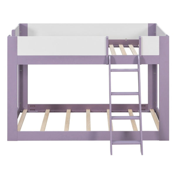 English Elm Twin Low Bunk Bed Solid Wood Frame with Guardrails Reversible Ladder Modern Kids Room Purple LT000445AAI