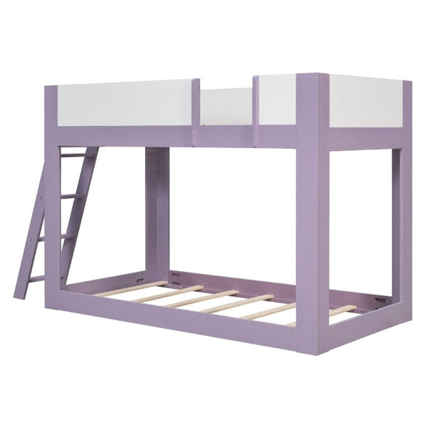 English Elm Twin Low Bunk Bed Solid Wood Frame with Guardrails Reversible Ladder Modern Kids Room Purple LT000445AAI