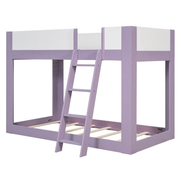 English Elm Twin Low Bunk Bed Solid Wood Frame with Guardrails Reversible Ladder Modern Kids Room Purple LT000445AAI