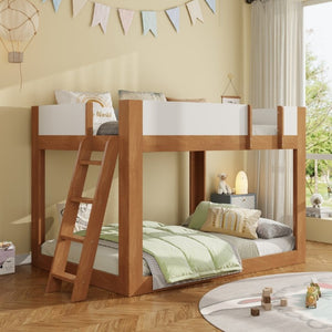 English Elm Twin Low Bunk Bed Solid Wood Frame with Guardrails Reversible Ladder Modern Kids Room Walnut LT000445AAL