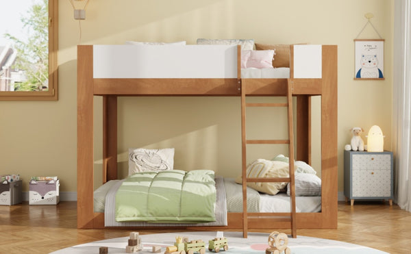 English Elm Twin Low Bunk Bed Solid Wood Frame with Guardrails Reversible Ladder Modern Kids Room Walnut LT000445AAL