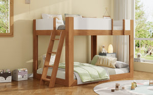 English Elm Twin Low Bunk Bed Solid Wood Frame with Guardrails Reversible Ladder Modern Kids Room Walnut LT000445AAL