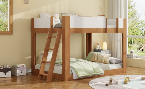 English Elm Twin Low Bunk Bed Solid Wood Frame with Guardrails Reversible Ladder Modern Kids Room Walnut LT000445AAL