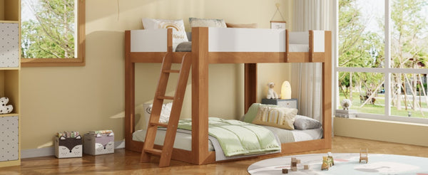 English Elm Twin Low Bunk Bed Solid Wood Frame with Guardrails Reversible Ladder Modern Kids Room Walnut LT000445AAL