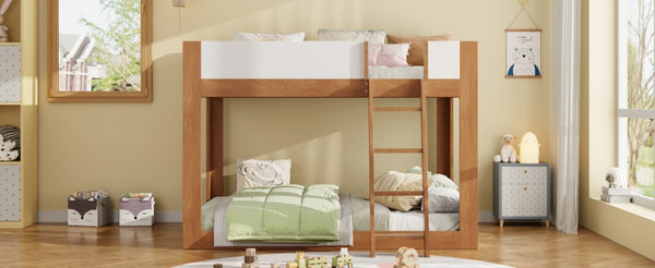 English Elm Twin Low Bunk Bed Solid Wood Frame with Guardrails Reversible Ladder Modern Kids Room Walnut LT000445AAL
