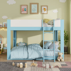 English Elm Full Size Low Bunk Bed Pine Wood Frame with Reversible Ladder and Safety Guardrails Blue LT000446AAC