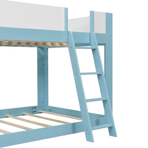 English Elm Full Size Low Bunk Bed Pine Wood Frame with Reversible Ladder and Safety Guardrails Blue LT000446AAC