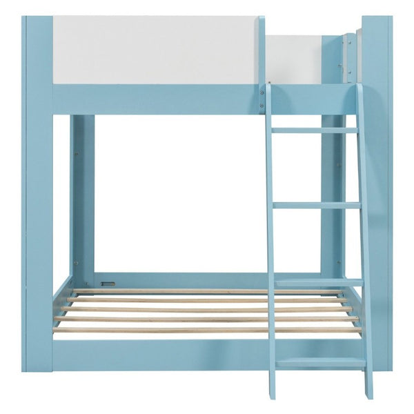 English Elm Full Size Low Bunk Bed Pine Wood Frame with Reversible Ladder and Safety Guardrails Blue LT000446AAC