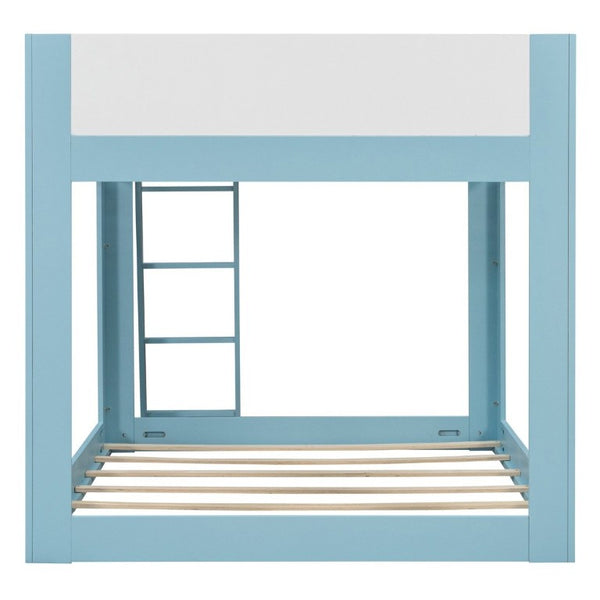 English Elm Full Size Low Bunk Bed Pine Wood Frame with Reversible Ladder and Safety Guardrails Blue LT000446AAC